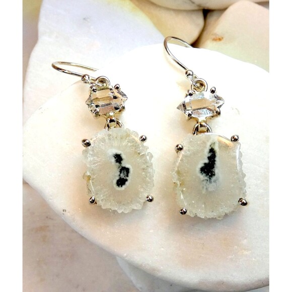 Solar Eye Quartz Water Clear Herkimer Diamond Sterling Silver Dangle Earrings - Picture 1 of 8
